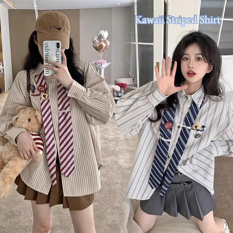 BGเสื้อเชิ้ตแขนยาวลายทางปักลายสไตล์พรีปปี้ฤดูร้อนใหม่สำหรับผู้หญิง ทรงหลวม ใส่แล้วดูผอมเพรียว ดีไซน์น่ารักหวานแหวว #W289
