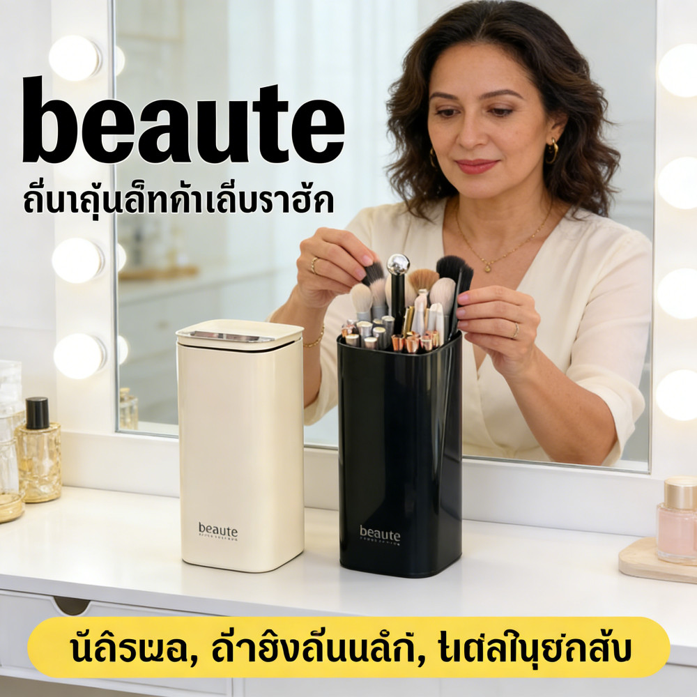 กล่องเก็บแปรงแต่งหน้า กดยกฐานอัตโนมัติ ฝาปิดกันฝุ่น แบ่งช่องใส่แปรงแต่งหน้า ลิปสติก ดินสอเขียนคิ้ว จัดระเบียบโต๊ะเครื่อง