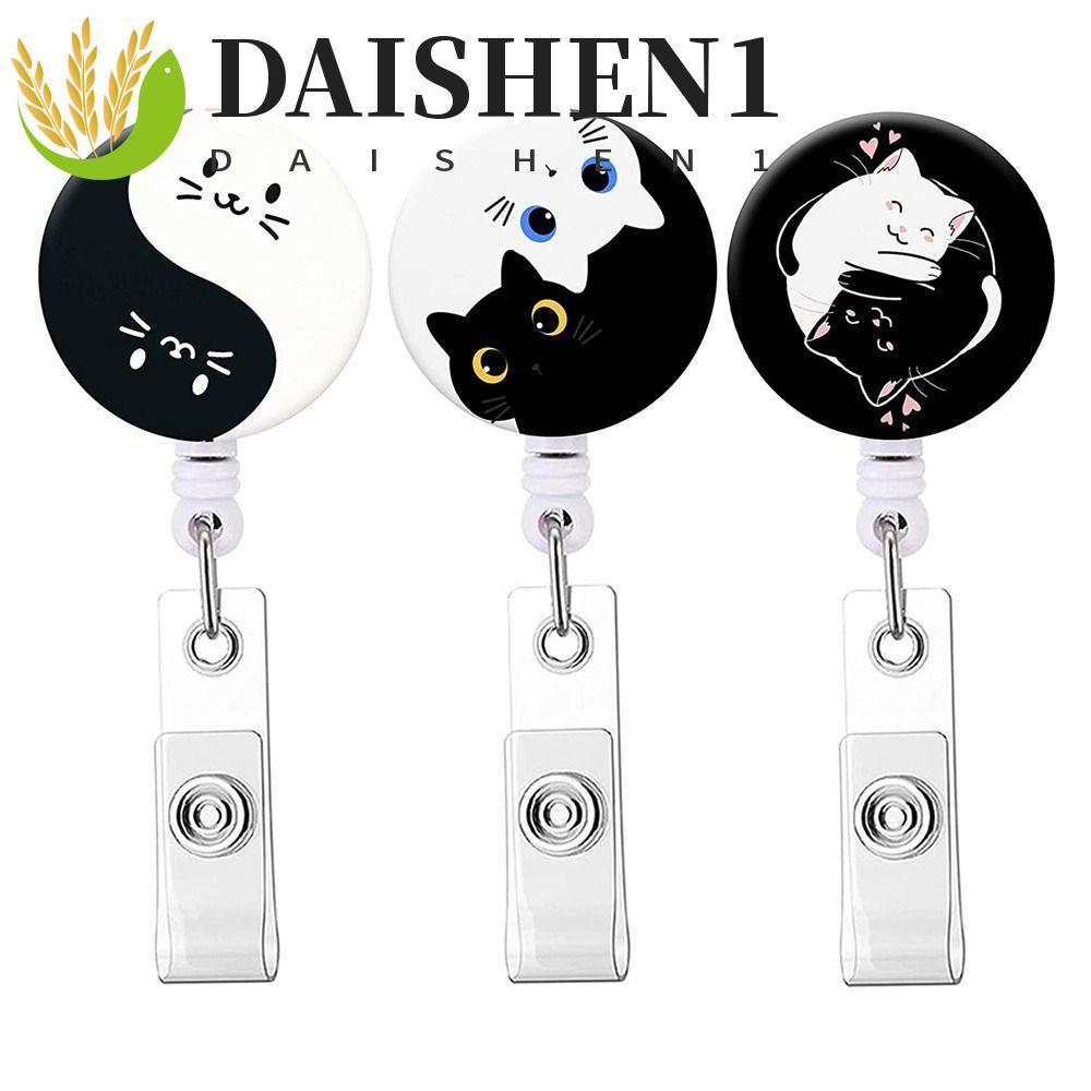 DAISHEN1 Cat Badge Reel, สัตว์ 360 หมุน ID Card Holder, ชื่อแท็กการ์ตูนจระเข้คลิปสีดําสีขาว Retractable Badge Reel โรงพยาบาล