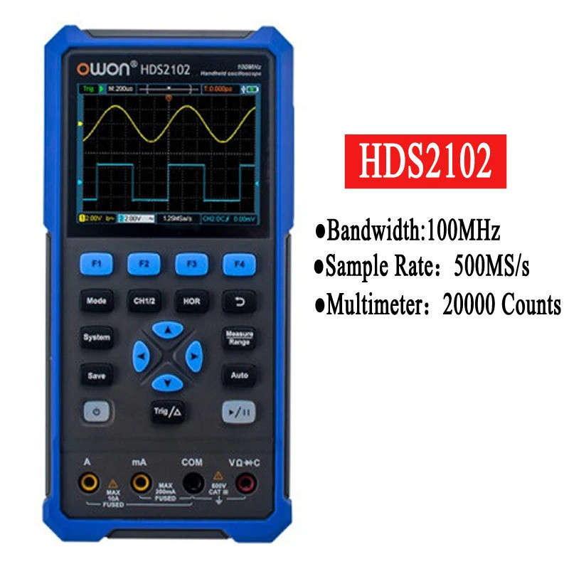 OWON HDS2102 2 ช่องมือถือ Oscilloscope 100MHz แบนด์วิดท์ 20000 นับ Multiumeter OSC + DMM + เครื่องกํ