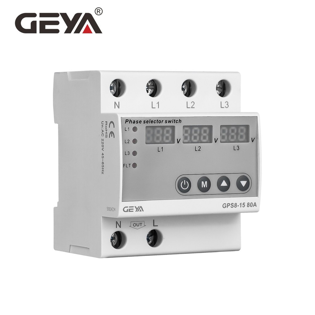 สวิตช์ตัวเลือกเฟส GEYA Over Current Over & Underder ตัวป้องกันแรงดันไฟฟ้า 63/80A 220V