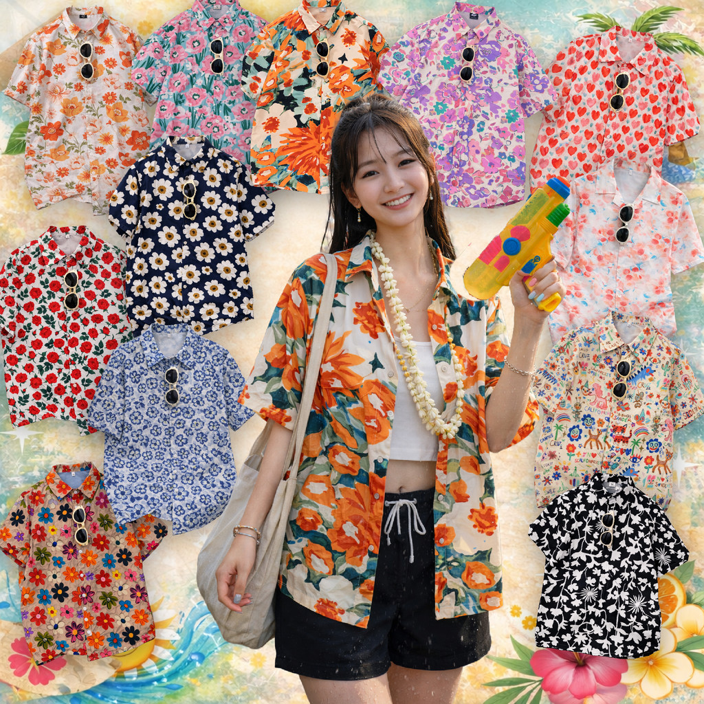 เสื้อฮาวายผู้ชาย เชิ้ตลายดอก สงกรานต์  คอปก ผ้าไหมอิตาลี กระดุมหน้า เนื้อผ้าเย็นลื่น ใส่สบาย  #309