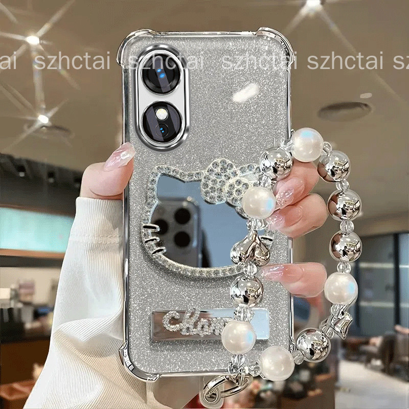 เคสสําหรับ OPPO A17 A97 5G A38 4G A18 สี่มุมเคสโทรศัพท์กันกระแทก 3D น่ารักเพชรแมวกระจกแต่งหน้าพับวงเล็บใหม่สร้อยข้อมือนุ่มกรณี
