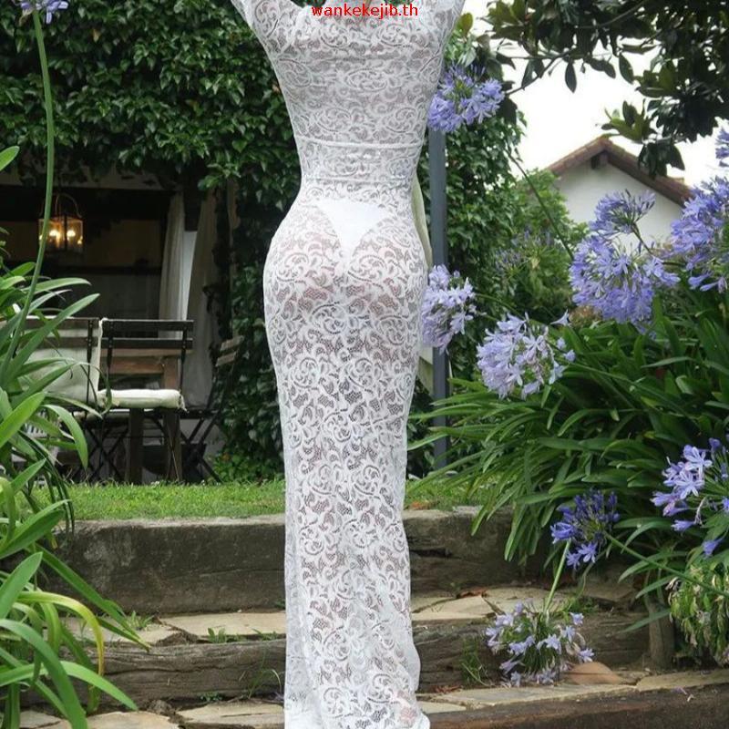 [JER] ผู้หญิงยาวชุดติดตั้งแขนยาว V คอ See-though ชุดราตรีลูกไม้ดอกไม้ปาร์ตี้ชุด HBC