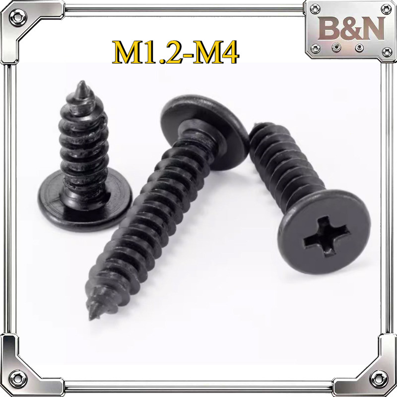 สีดํา CA หัวแบนสกรูเกลียวปล่อยหัวบางเฉียบข้ามหัวแบนแตะตัวเองเล็บ M1.2/M1.4/M1.7/M2/M2.3/M2.6/M3/M3.5