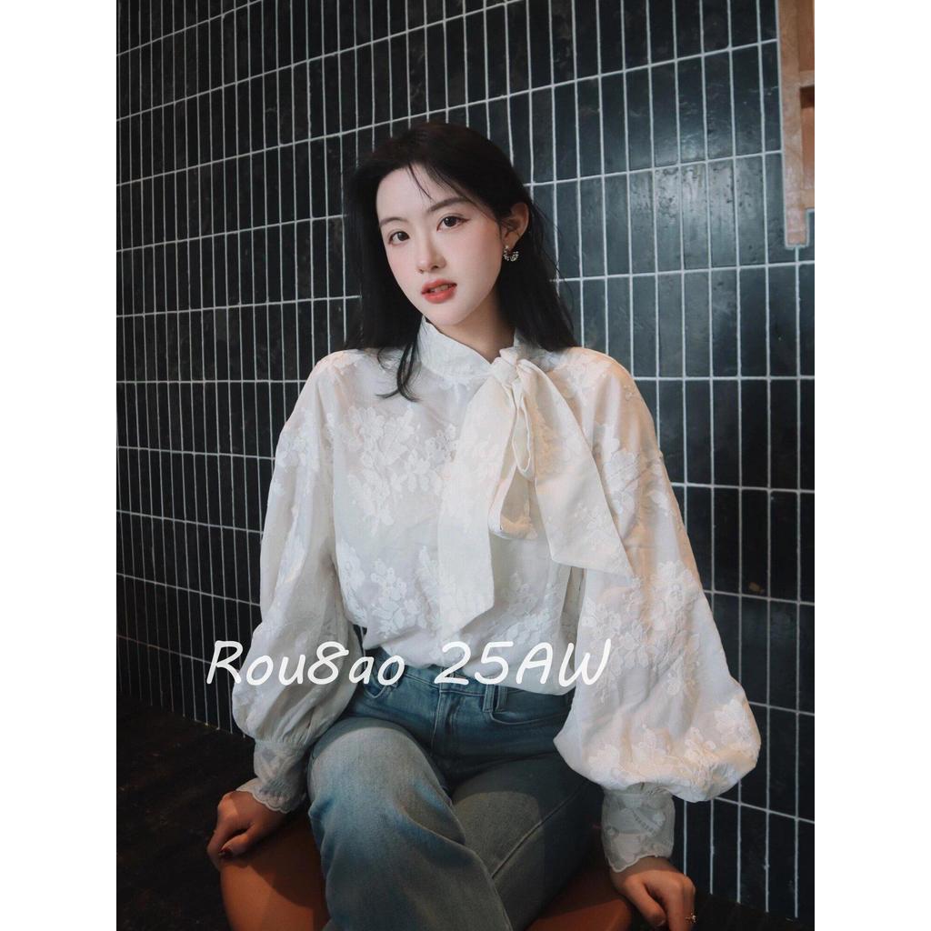 Rou8ao微胖大码女装法式精致上衣气质轻奢高级感蕾丝系带白色衬衫Rou8ao Chubby Plus Size Women's Clothing French Style bojiaod2.my20