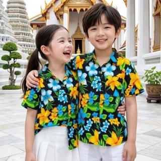 เสื้อสงกรานต์ลายดอกเด็กโต ผ้าคอตตอน100% สีไม่ตก ผ้าไม่หด 10-…