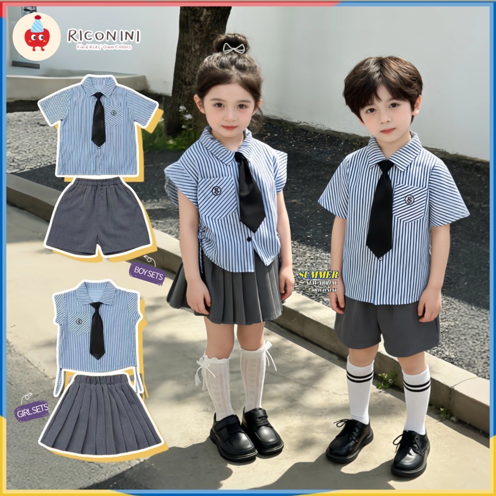 [RICONINI] สาวฤดูร้อนเสื้อสีฟ้า + กระโปรงจีบเด็กอเมริกันวิทยาลัยปกลายนักเรียน Brother Sister Girl Suit