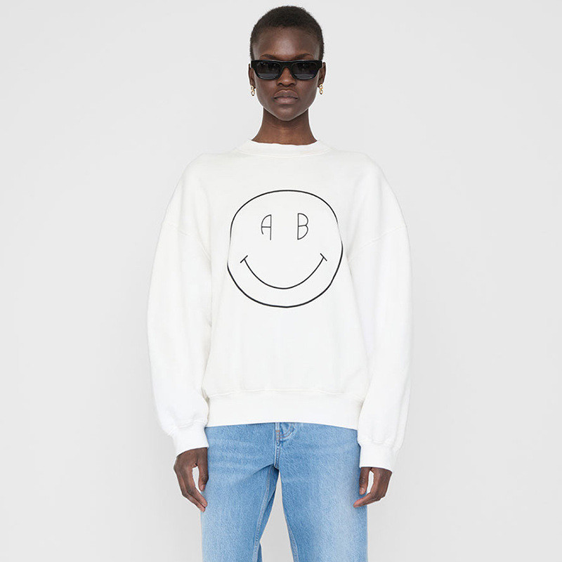 37BD ANINE BING 23Early autumn new arrival: North American niche large smiley face print fleece-line