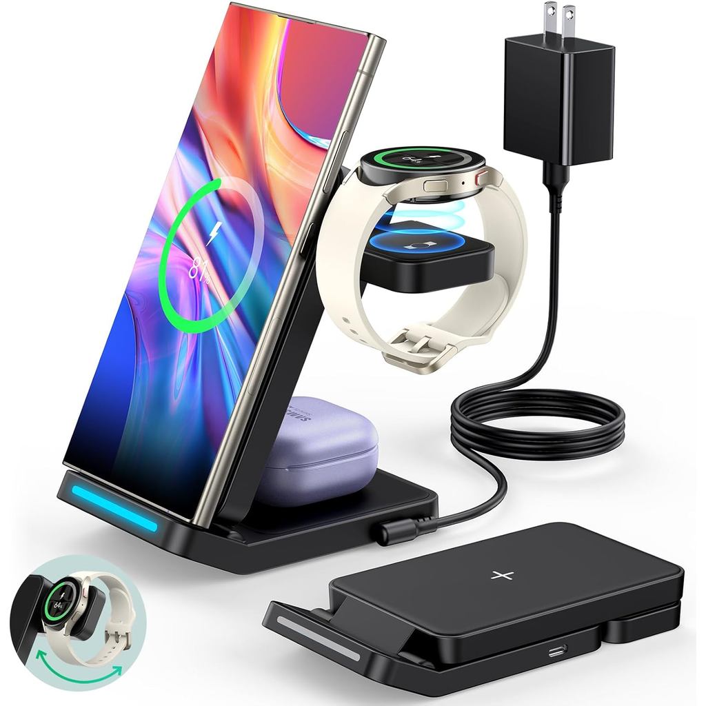 ที่ชาร์จไร้สายแบบพับได้สําหรับ Samsung, 3 in 1 Fast Samsung แท่นชาร์จสําหรับ S25 Ultra S24/S23/S22/Z