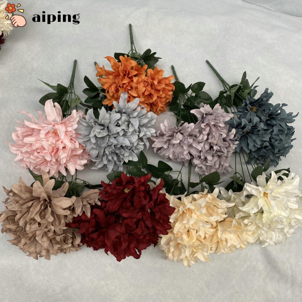 Aiping Dahlia Bunch, 7 หัวดอกไม้ Dahlia ดอกไม้ประดิษฐ์, ผ้าแปรง DIY 45 ซม. ดอกไม้ปลอมงานแต่งงาน