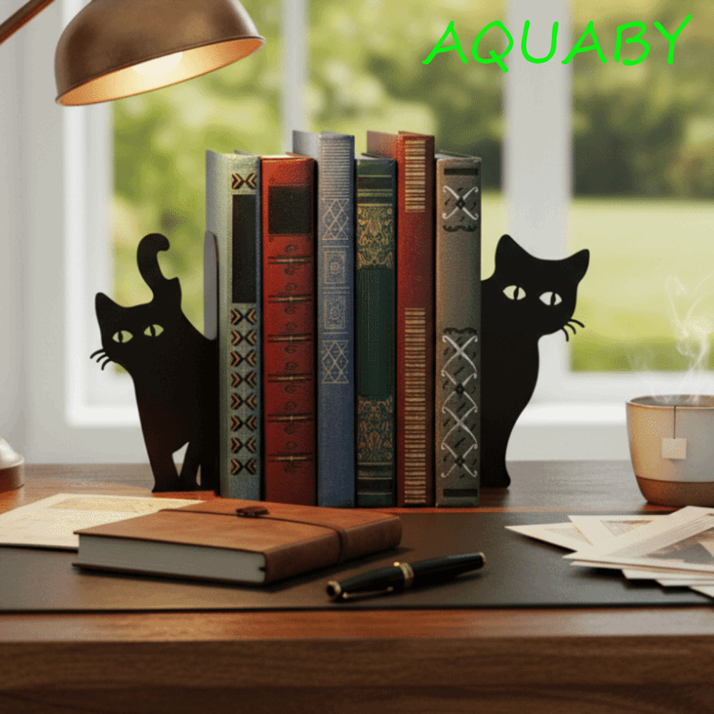 AQUABY Metal Bookend, อเนกประสงค์ประณีต Creative Cat Bookend, ของขวัญโลหะสีดําทนทานเหล็กนั่งยืนแมวผู้ถือหนังสือ Home Library