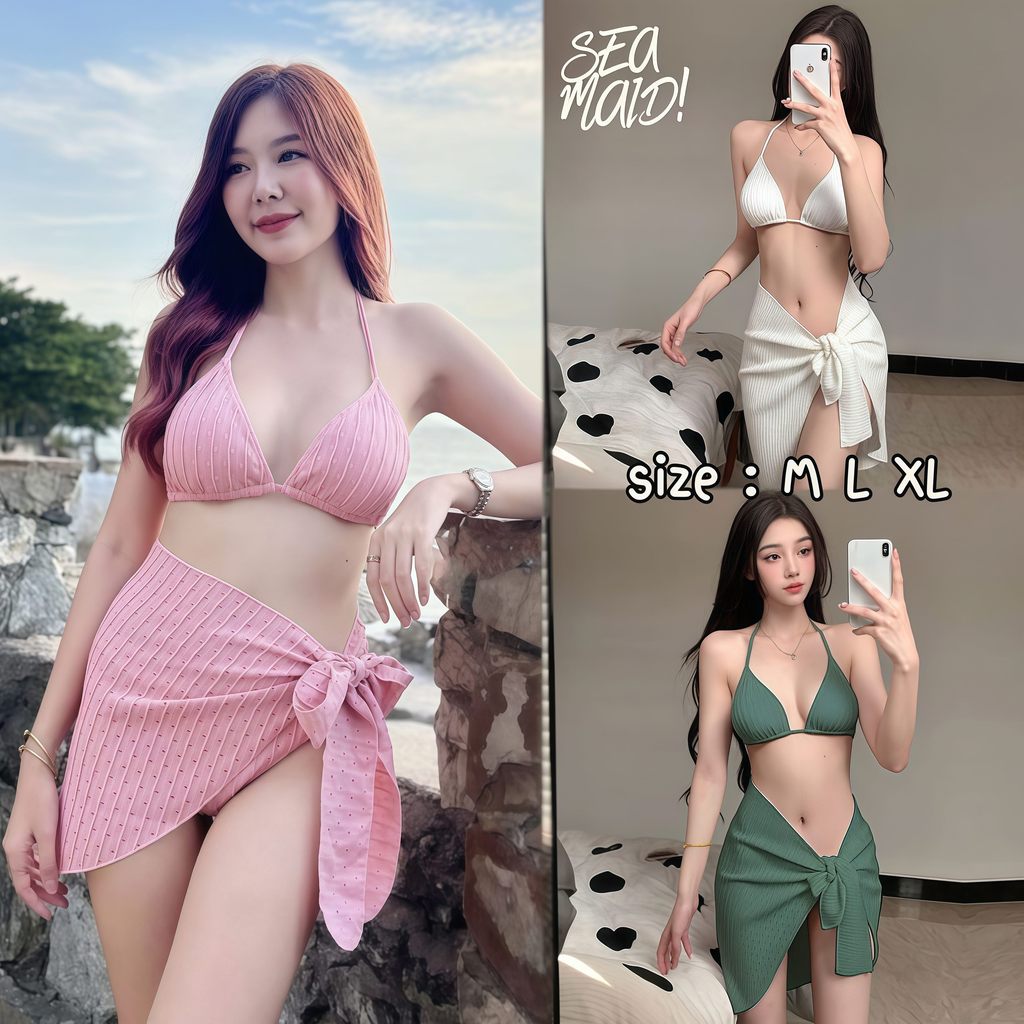SEA MAID ส่งไวจากไทย 🚛 บิกินี่มีผ้าคลุม บิกินี่เซ็กซี่ ชุดว่ายน้ำแฟชั่น พรางหุ่น 🏖มีไซส์ M-XL | น้ำหนัก 40-65 กก. Y014