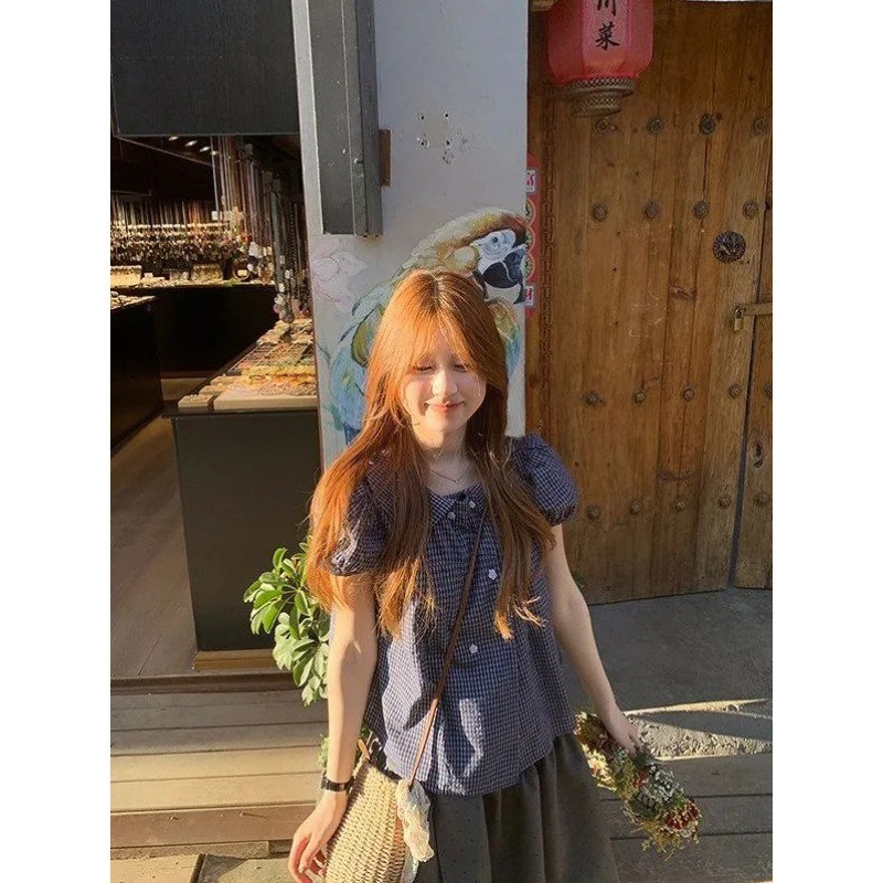 LINNA~Xวินเทจ ตาราง เสื้อแขนสั้น เสื้อเชิ้ต รุ่นใหม่ สไตล์แฟชั่น