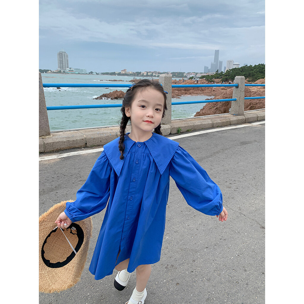 LLD-21 เดรสเด็กแขนยาวคอปกใหญ่ สีน้ำเงิน ดีไซน์มินิมอล ใส่สบาย (90-130)