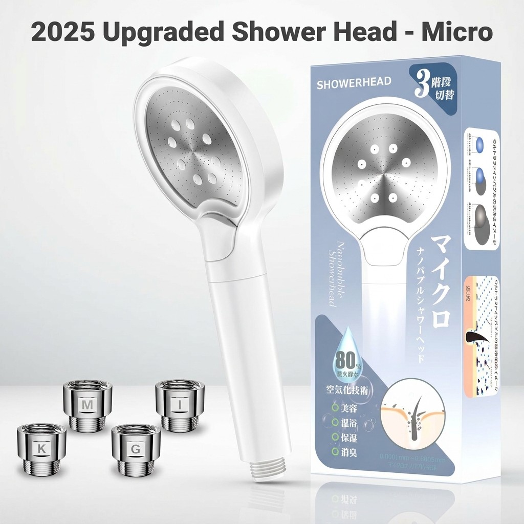 "2025 Upgraded Shower Head - Micro Nano Bubble Technology, Water-Saving, High-Pressure, 3 Mode Adjustable, Ultra-Fine Mist, Leak-Proof, High Cleaning Power, Lightweight with Adapter, Easy Installation, G1/2 Standard (White)"