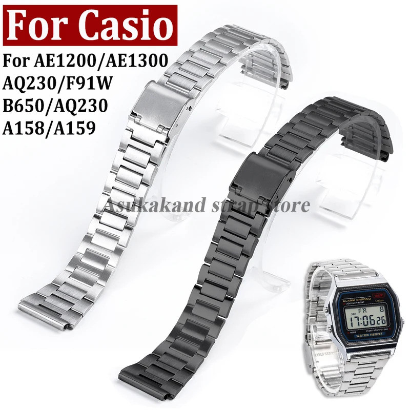 สายนาฬิกาสแตนเลส 18 มม.สําหรับ Casio สําหรับ A158/A159/AQ230/F91W/AE1200/AE1300/B650/AQ230 โลหะ Stra