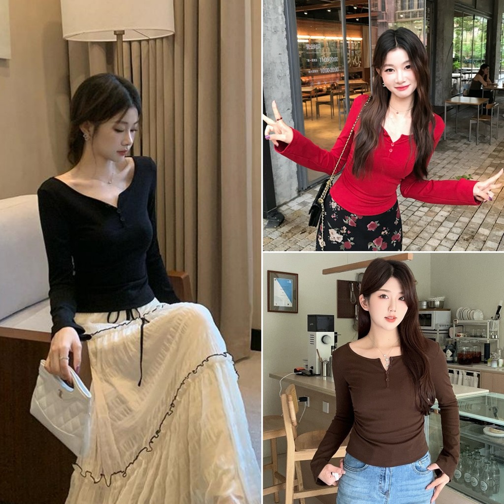 Luna Shop พร้อมส่ง เสื้อยืดแขนยาวทรงเข้ารูปหวานสําหรับผู้หญิงเวอร์ชั่นเกาหลี คอวี ด้วยปุ่ม งานสวย