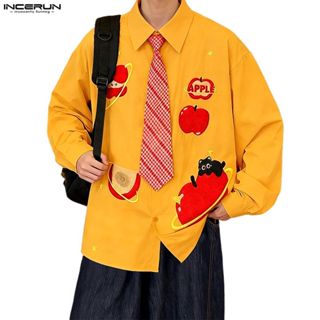 INCERUN ผู้ชายเกาหลีอเมริกัน Streetwear Lapel ยาว SLeeve ตลก…