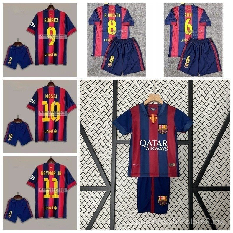 [เด็ก SSS +] Retro Barcelona Home 2014 ชุดฟุตบอลเสื้อยืดสําหรับเด็กชุดกีฬา Xavi Iniesta Suarez Messi
