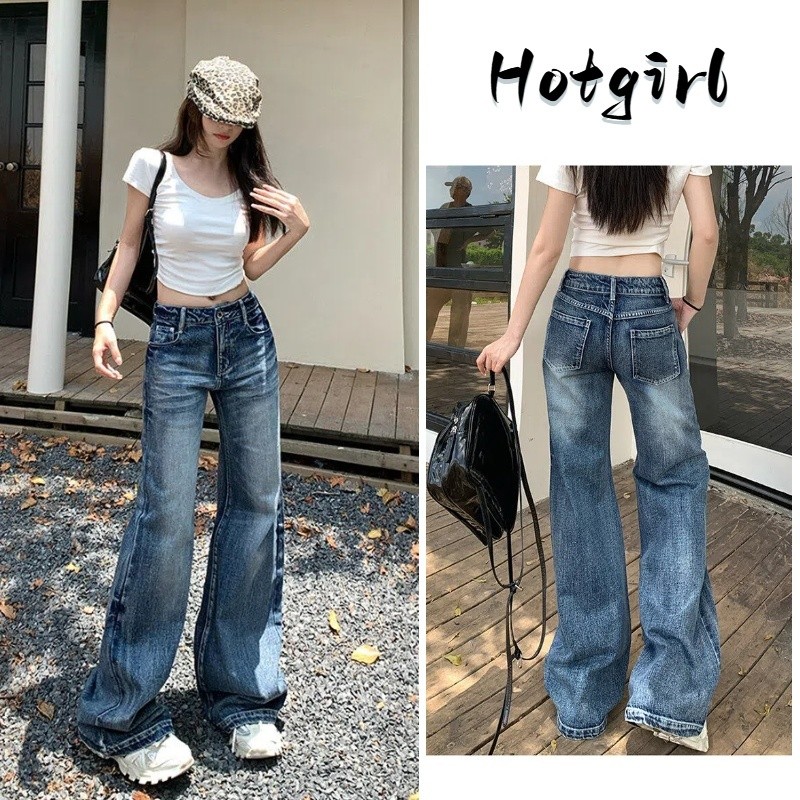 Hotgirl พร้อมส่ง กางเกงยีนส์เอวสูงสไตล์เรโทรอเมริกันสำหรับผู้หญิง S-XL เซ็กซี่ ยาว การเรนเดอร์ที่ไม่เหมือนใคร
