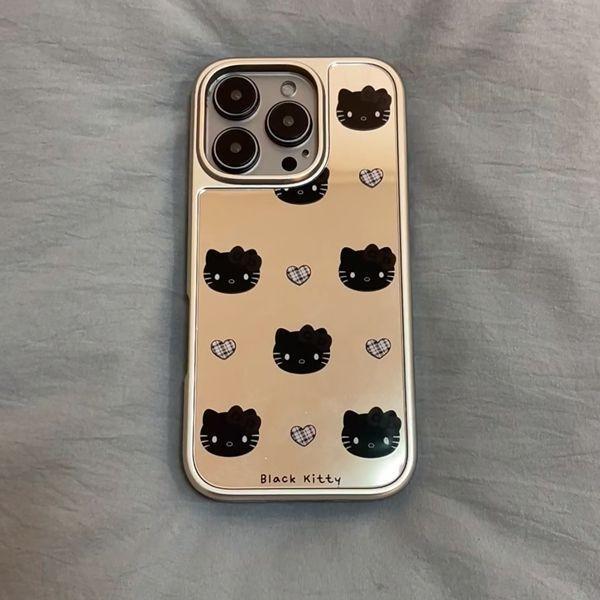 เคสกระจกคาร์บอนไฟเบอร์ Hello Kitty สีดําแบบเต็มหน้าจอเข้ากันได้กับ iPhone 16 Pro Max/15/17 Pro/14 Pr