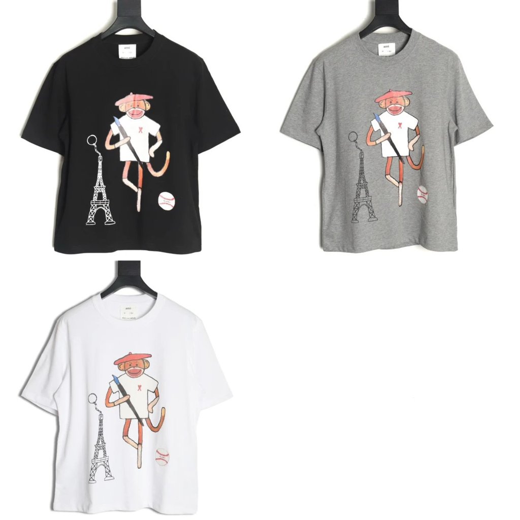 เสื้อยืดคอตตอนแขนสั้น Ami Paris x Novo ร่วมแบรนด์ ออกแบบเหมือนกันสำหรับผู้ชายและผู้หญิง ทรงคลาสสิก ส