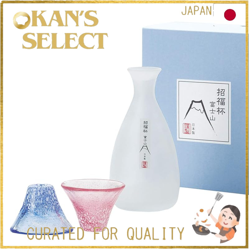 Toyo Sasaki Glass Sake Set, Shofukubai, Mount Fuji, Made in Japan, Cup 35ml, Tokuri 270ml, Blue & Re