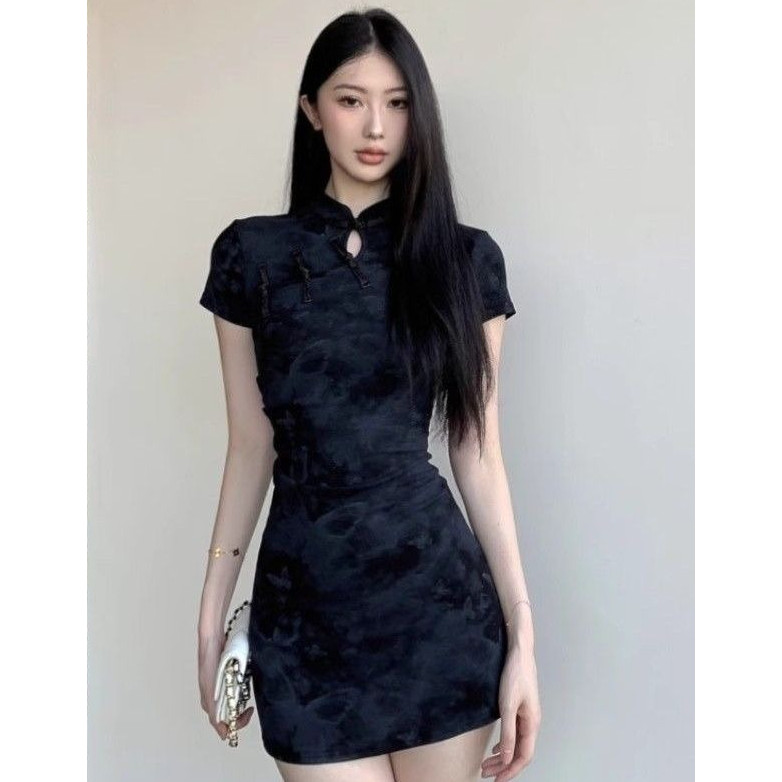 ใหม่สไตล์จีนสไตล์แห่งชาติปรับปรุง cheongsam แผ่นปุ่มชุดคอปกผู้หญิงฤดูร้อนใหม่กระโปรงสั้นกระชับสัดส่วน