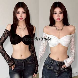 Amarin🌸พร้อมส่ง🌸 เสื้อเปิดไหล่แขนยาว ลูกไม้เซ็กซี่ ใส่สบาย ไ…