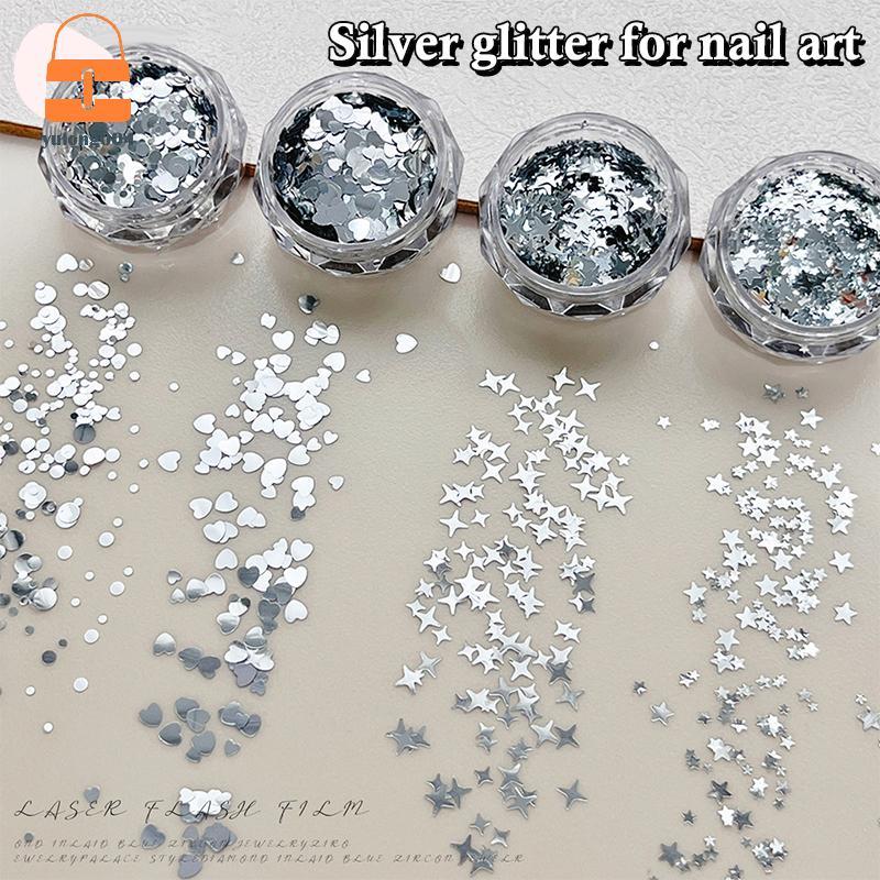 [PE] 1 กล่อง 3D Round Heart Star Nail Art Charms เลื่อมเล็บ Flake Silvery Shiny Charms อุปกรณ์เสริม TH