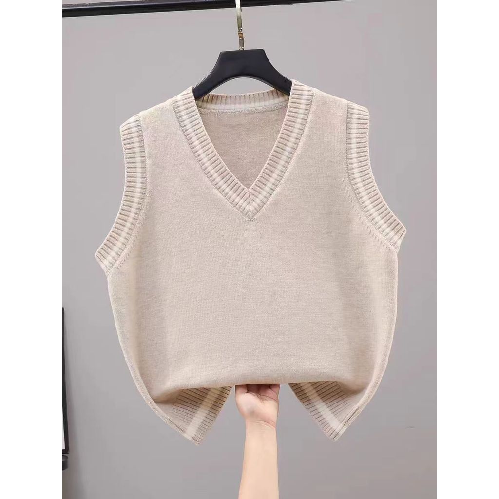 ฤดูใบไม้ร่วงสไตล์ใหม่ Preppy สไตล์เสื้อกั๊กภาษาฝรั่งเศสคําขนาดเล็ก v คอถักเสื้อกั๊กผู้หญิงเสื้อกั๊กแ