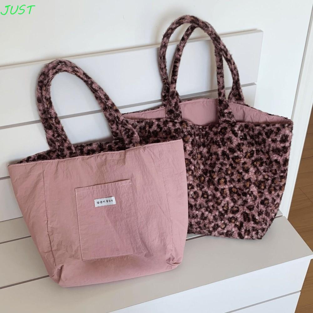 JUST Leopard Plush Tote Bag, Desktop Storage Plush Korean Leopard Shopping Bag, Snack Storage Bag สอ