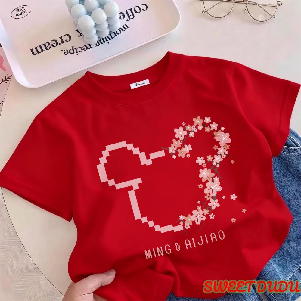 หลวม 3-14 ปี คอกลม สุขสันต์คริสต์มาส ผ้าฝ้าย Dudu Dudu แขนสั้น หวาน Dudu พิมพ์โบว์การ์ตูน [COD]