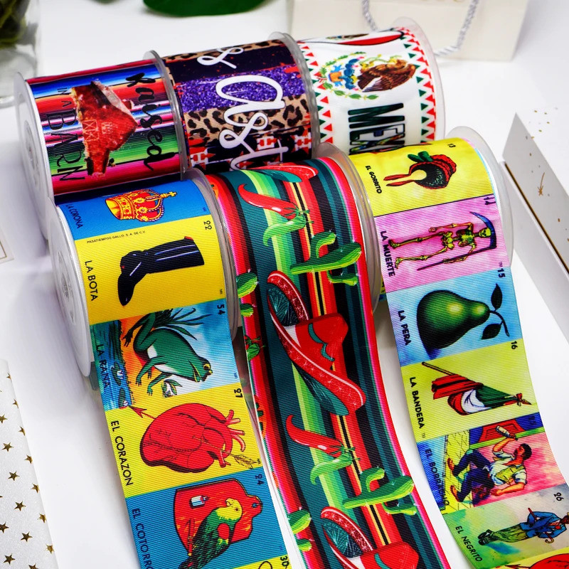 Summer Mexican Flowers Cross Stitch Pattern Mexican Stamps Printed Grossgrain Ribbon 75mm