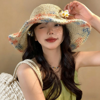 หมวกฟางปีกกว้างกันแดด ผ้าถัก ขนาดเล็ก สามารถพับได้ สีพื้น ใส…