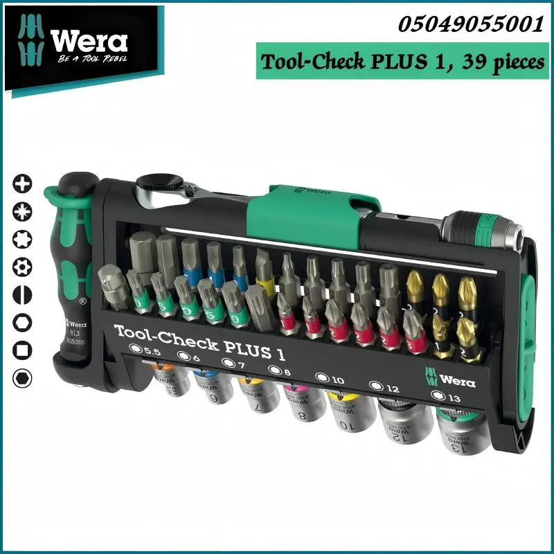 WERA 05049055001 ชุดเครื่องมือพกพา Tool-Check Plus 39 ชิ้น - ZyklopMini, Color-Coded, BiTorsion Bits