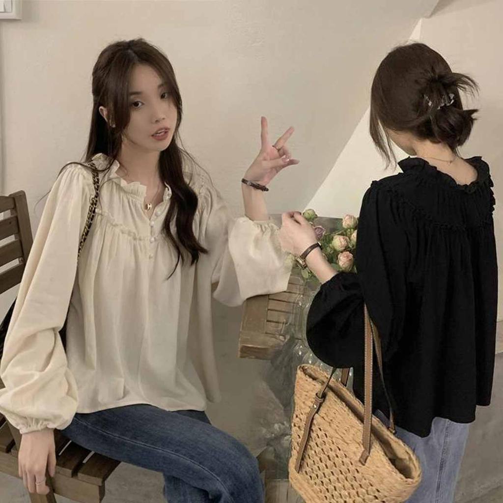 Black#เสื้อผู้หญิงดีไซน์ย้อนยุคสไตล์ฝรั่งเศส ปี 2025 ที่มีแขนพอง แต่งระบายเก๋ๆ แขนยาว #w690