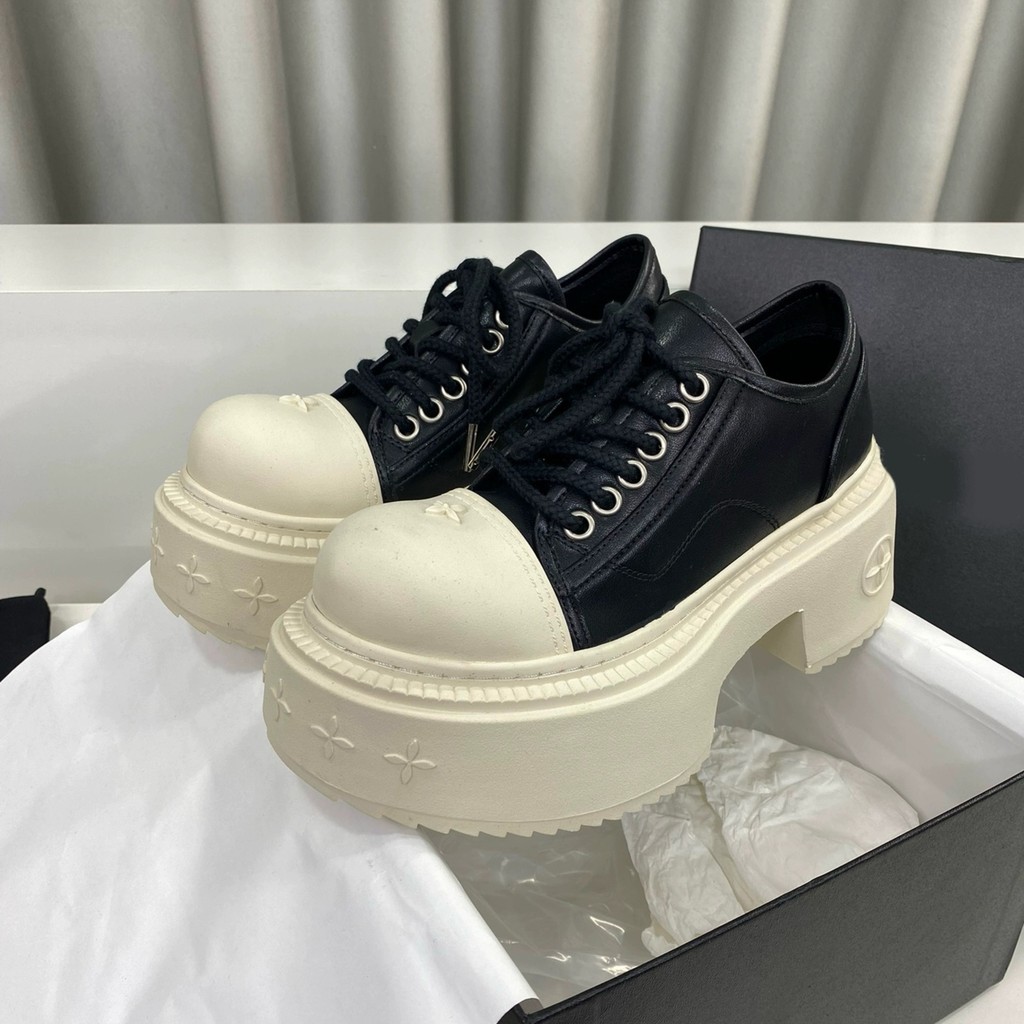 SMFK Derby รองเท้า.Cross ลายดอกไม้ retro หนังแท้ ส้นสูง เพิ่มความสูง สไตล์ casual panda