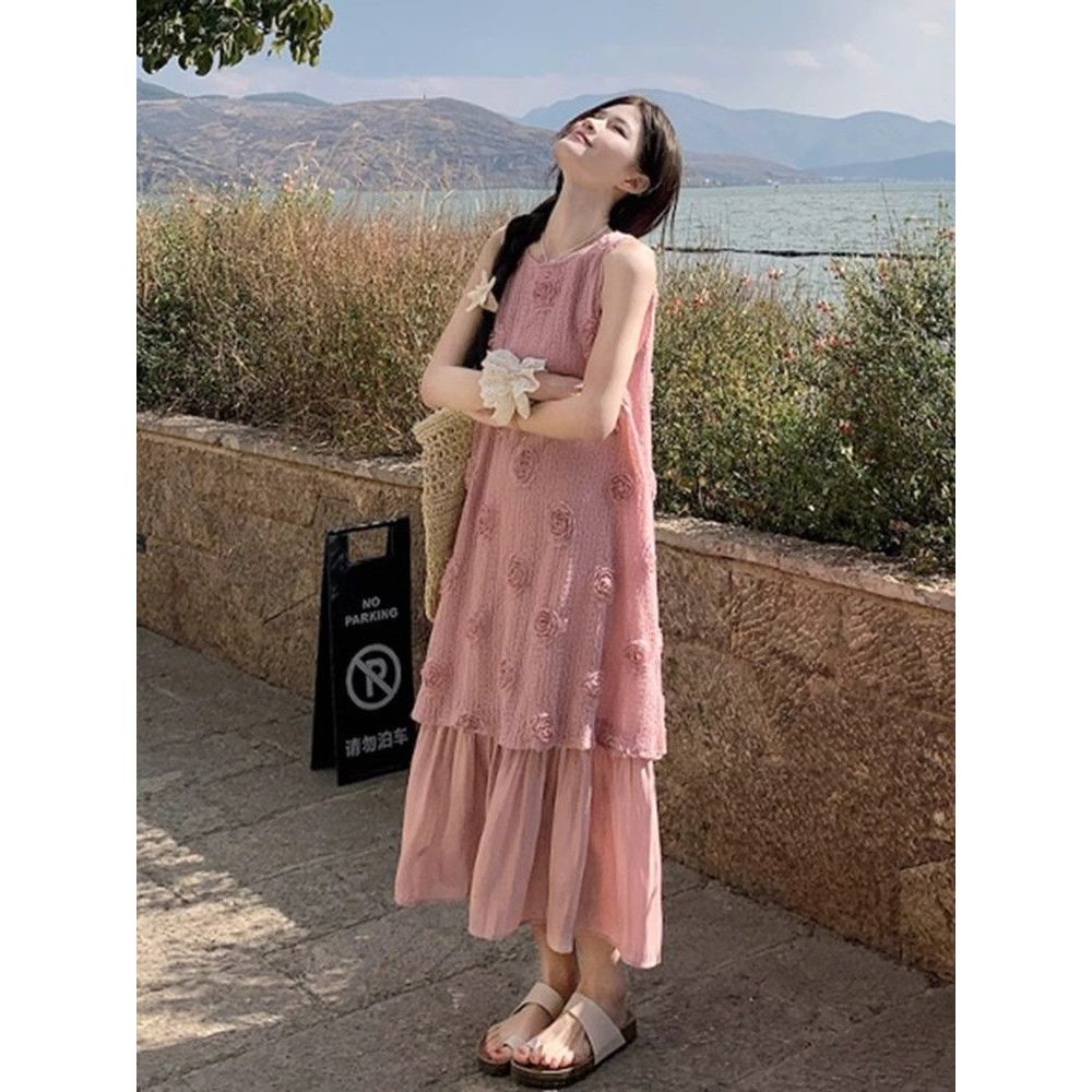 เดรสสีชมพูเดรสลายดอกpleased เดรส ชุดไปเที่ยวเดรสแฟรี่เสื้อแฟชั่นผู้หญิงคาเฟ่เปิดไหล่