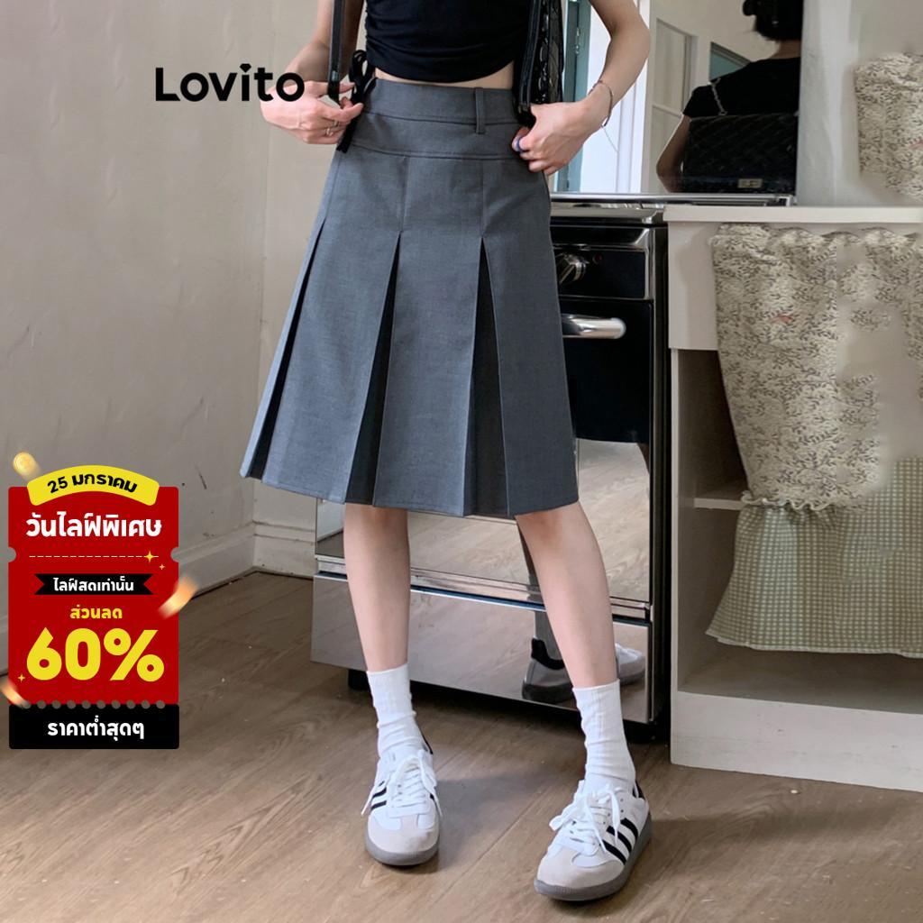 (KOL‘s pick) Lovito กระโปรงผู้หญิง ทรงเบสิก แต่งจีบ สีพื้น สไตล์ลำลอง LNE29157 (สีเทา)