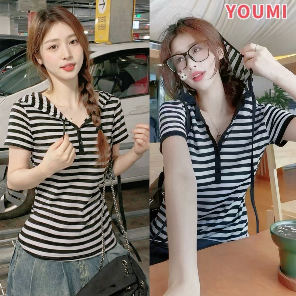 ส่งไวจากไทย 2สี  เสื้อยืดผู้หญิง ลายทาง มีฮู้ด ลำลอง สไตล์ย้อนยุคแบบอเมริกัน🎀YOUMI