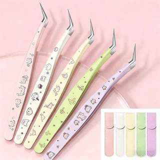 YENESTE แหนบขนตาปลอม, สแตนเลสความแม่นยําสูง Lashes Extension Tweezer, Professional พร้อมหนังการ์ตูน Anti-static Eyelash Curler Extensions Grafting