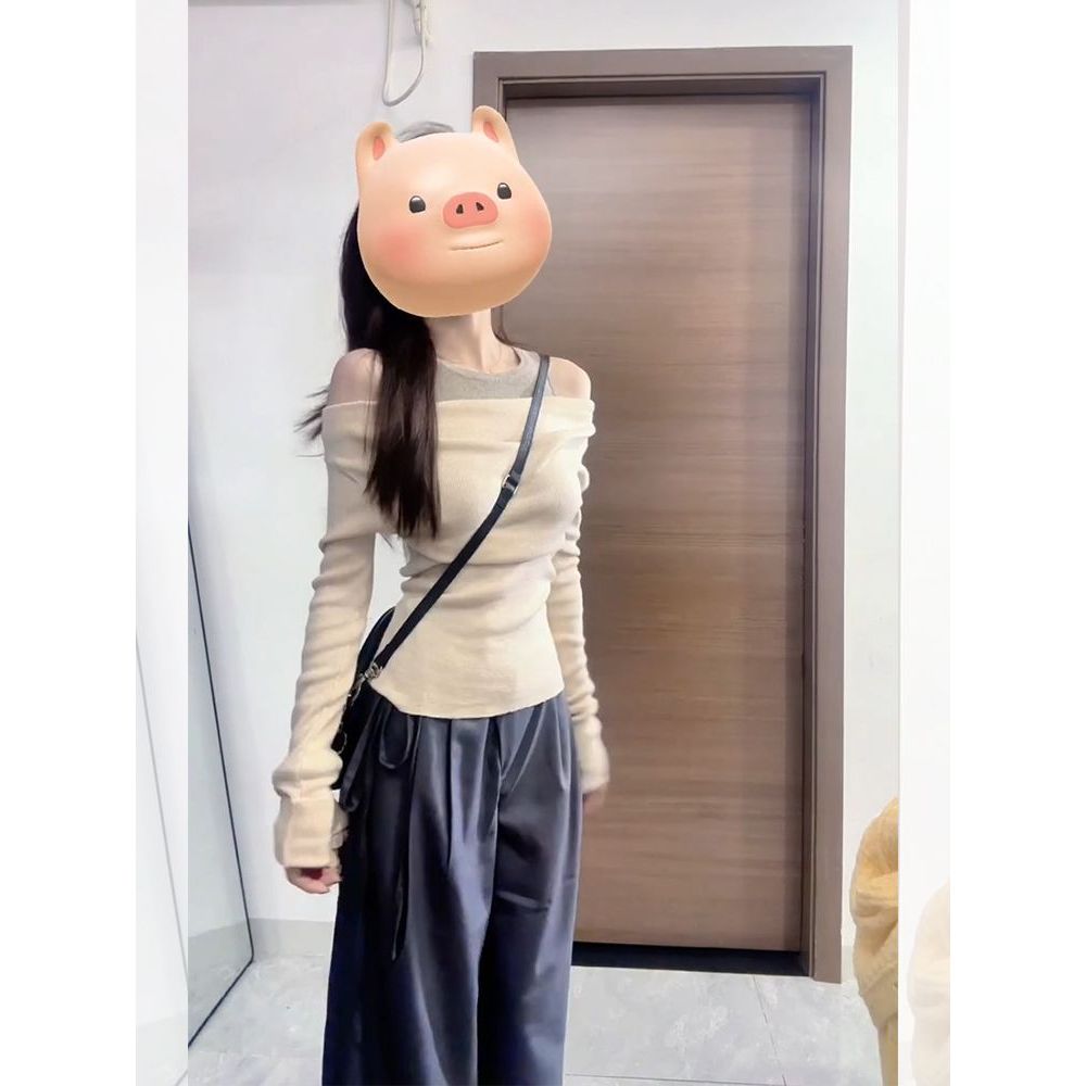 ปลาค็อด 2026 สไตล์เกาหลีคอแบนที่ไม่มีสายหนังแอปริคอทถักเสื้อ จุดต่ําสุด ผู้หญิงฤดูใบไม้ผลิฤดูใบไม้ร่