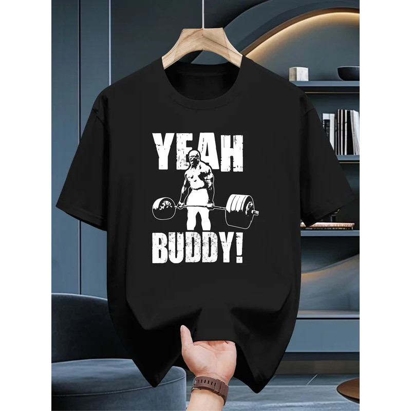 เสื้อยืดเพาะกายน้ำหนักเบาสำหรับผู้ชาย Yeah Buddy - เสื้อยิมสีดำพร้อมลายกราฟิก "YEAH BUDTY" ดีไซน์หนา