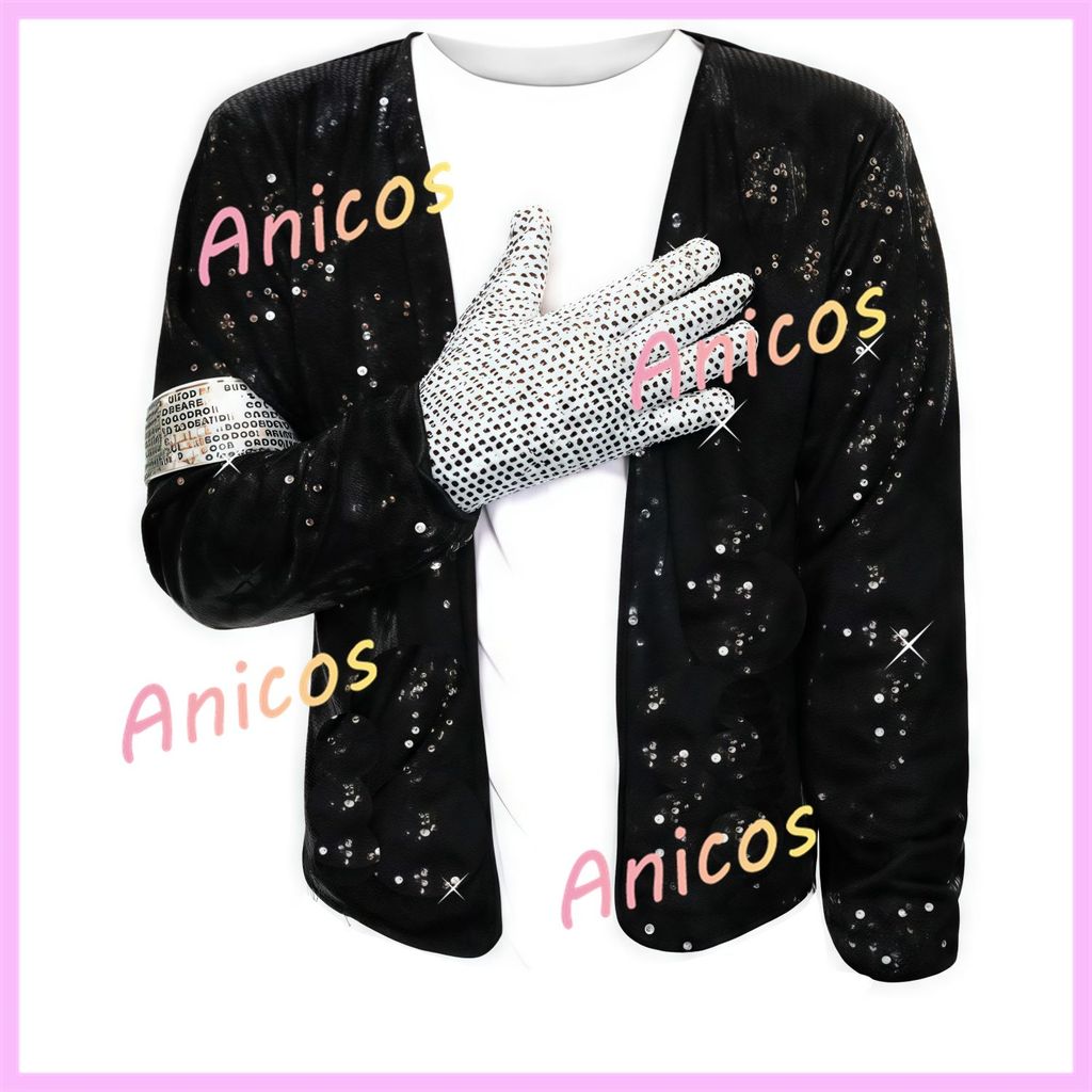 Michael Jackson คอสเพลย์เครื่องแต่งกาย Billie Jean สีดําเลื่อมแจ็คเก็ตถุงมือเงินสําหรับการแสดงสตรีมสดกลางแจ้ง