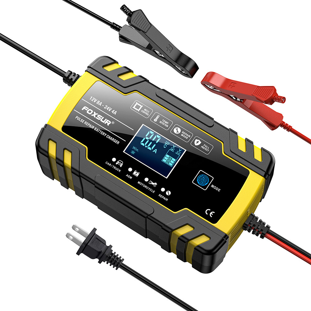 FOXSUR FBC122408D US Standard Yellow 12V/8A & 24V/4A Car & Motorcycle Battery Charger/Battery Pulse 