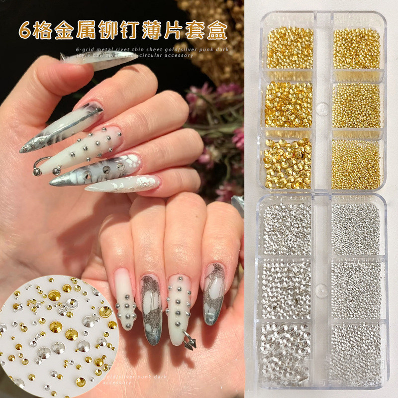 อุปกรณ์ทําเล็บ Xiaomi Grain ครึ่งวงกลม Rivets Flake โลหะทองเงิน diy สวมใส่เล็บเพชรอุปกรณ์ตกแต่ง 6 ตารางชุดกล่อง