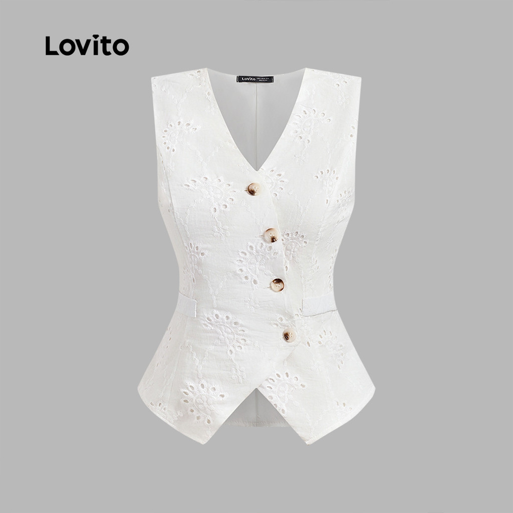 Lovito เสื้อสายชิลล์ลูกไม้เย็บปักด้วยปุ่ม แขนสั้นรับฤดูใบไม้ผลิ/ฤดูร้อน สีขาว สำหรับผู้หญิง L143AD1885 - รูปที่ 3