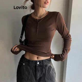(KOL's pick) Lovito เสื้อยืดผู้หญิง มีกระดุม สีพื้น สไตล์แคชชวล เกาหลี อินเทรนด์ L106AD183